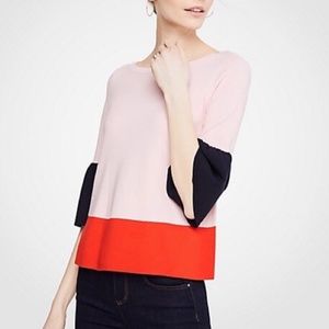 Ann Taylor Unique Color Block Flare Cuff Sweater size S Pink Multi Career Dressy